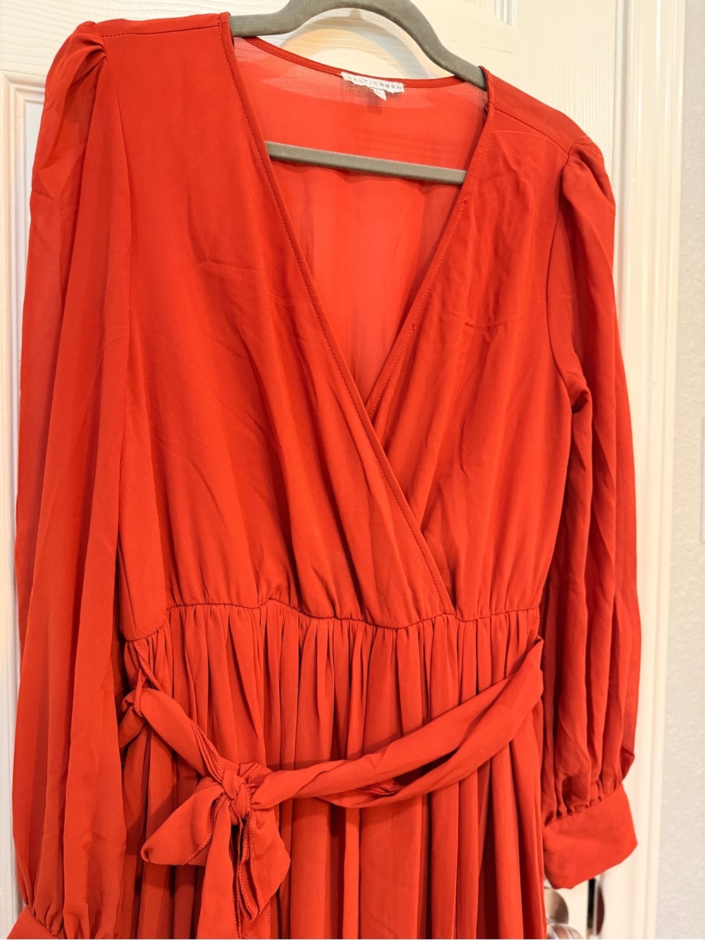 Baltic Born Fiery Red Long Sleeve Wrap Dress with Waist Tie